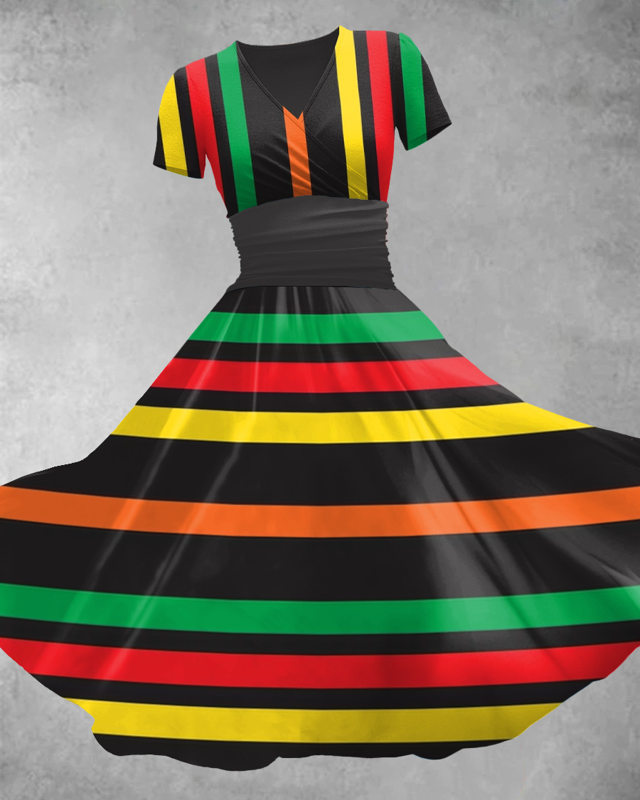 V Neck Reggae Color Stripes Maxi Dress