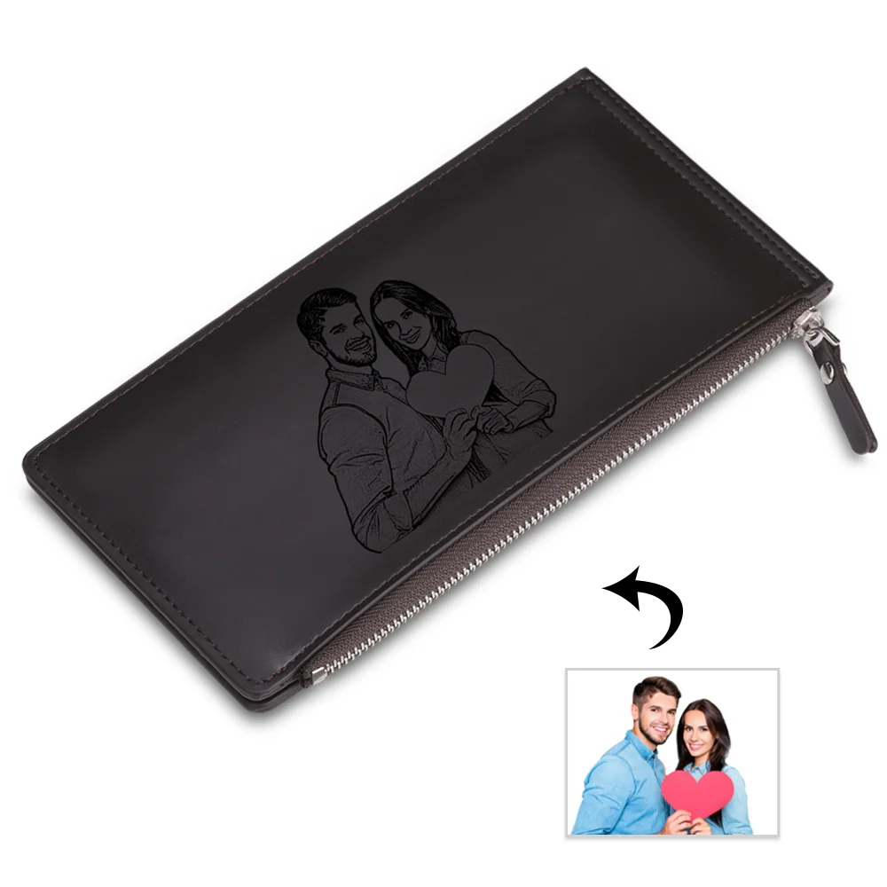 Lang Foto Gravuren Brieftasche mit Mehreren Kartensteckplätzen  - Dunkelbraunes Leder Geldbörse m1-t1 Kettenmachen