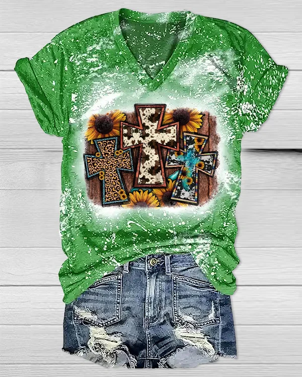 Western Calf With Leopard Sunflower Cross Printed V Neck T-shirt