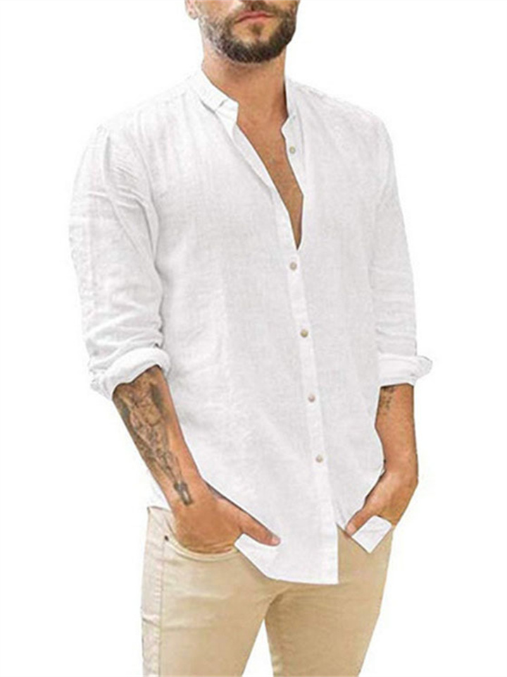Men's New Linen Cardigan Solid Colour Casual Stand-up Collar Long-sleeved Shirt Plus Size Shirt