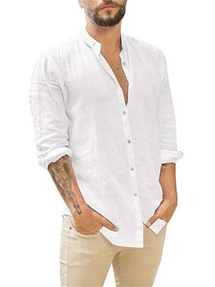 Men's New Linen Cardigan Solid Colour Casual Stand-up Collar Long-sleeved Shirt Plus Size Shirt-Cosfine