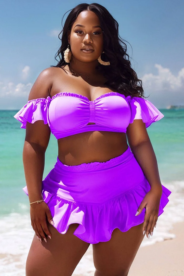 Xpluswear Design Plus Size Beach Purple Off The Shoulder Ruffle Swimsuit Fabric Two Pieces Swimsuit [Pre-Order] 2024 - Xpluswear