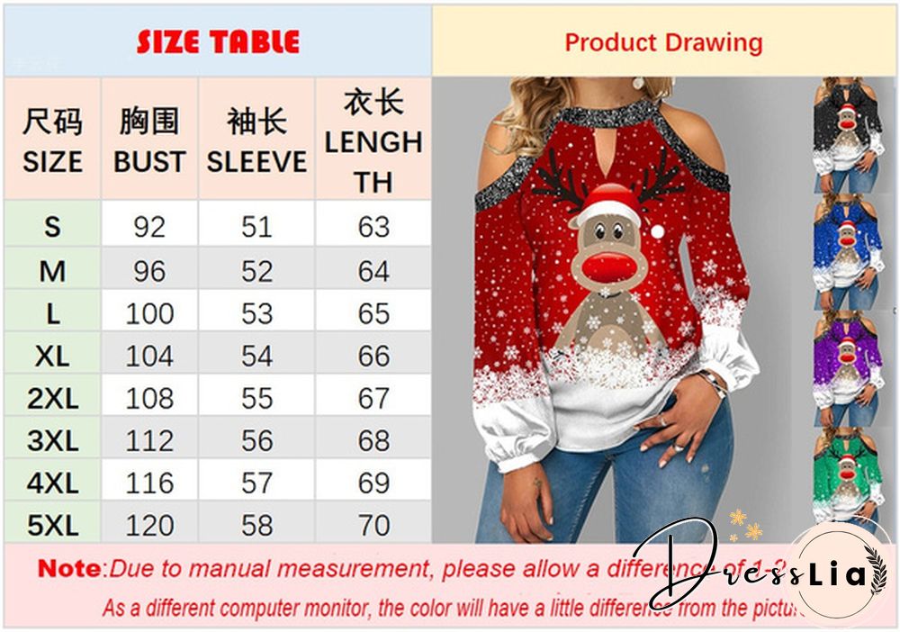Spring and Early Autumn New Fashion Womens Christmas Printed Long Sleeve V-neck Off