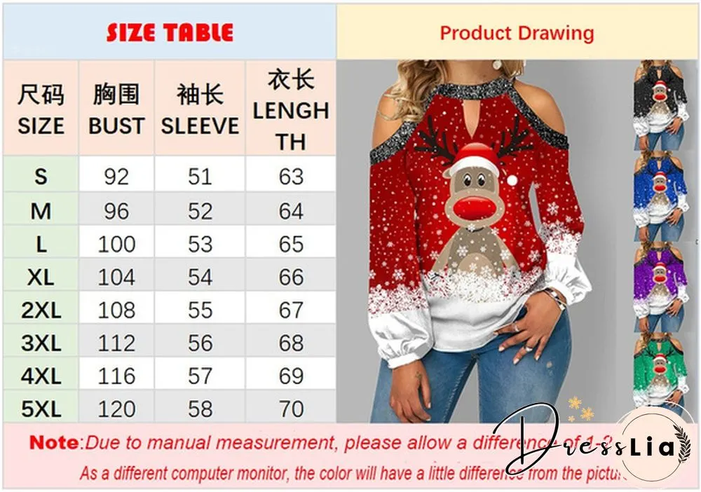 Spring and Early Autumn New Fashion Womens Christmas Printed Long Sleeve V-neck Off