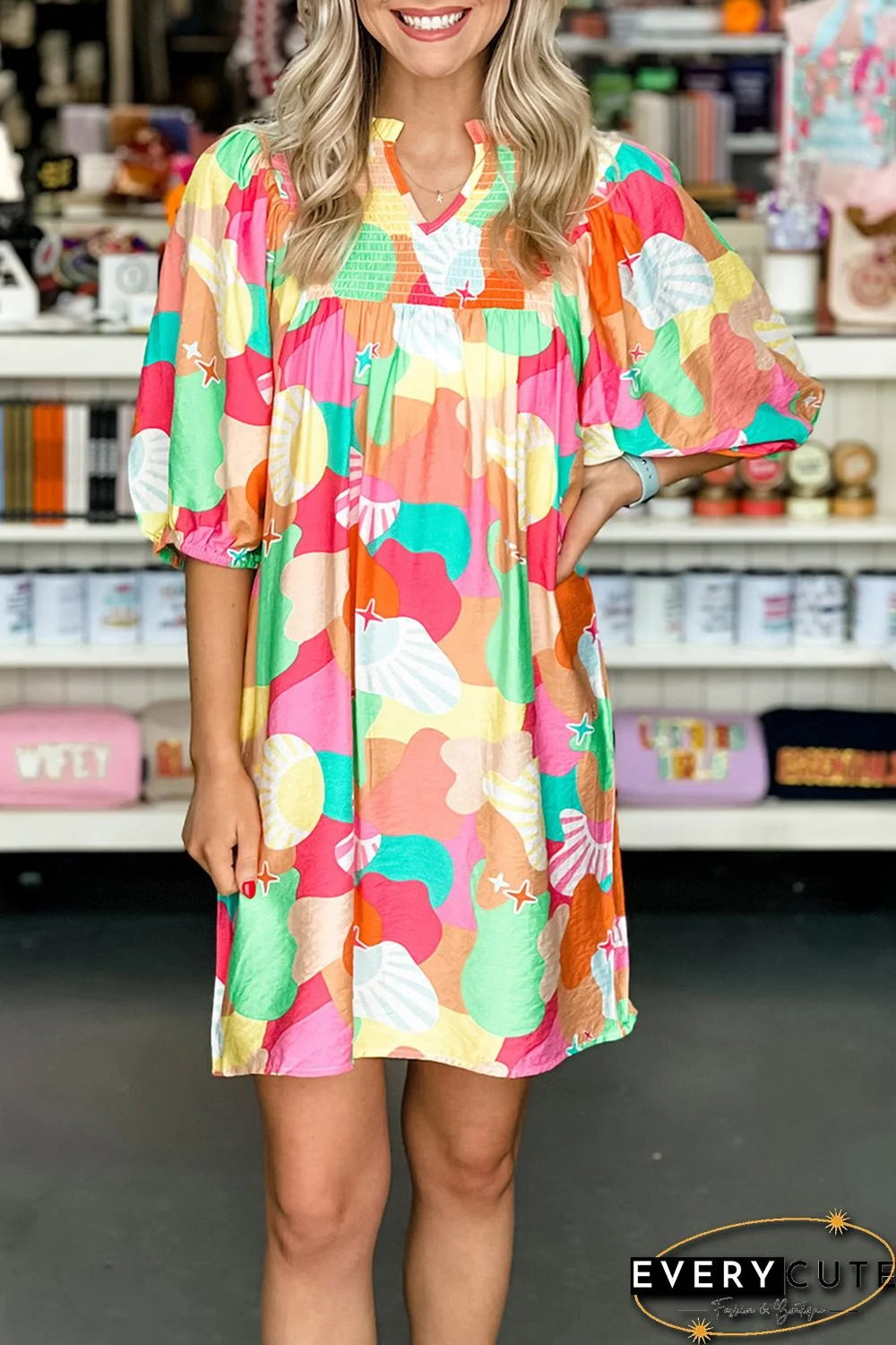 Multicolor Abstract Print Notch V Neck Puff Sleeve Dress