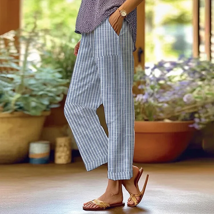 Comstylish Women's Retro Striped Design Loose Pocket Patchwork Linen Casual Pants