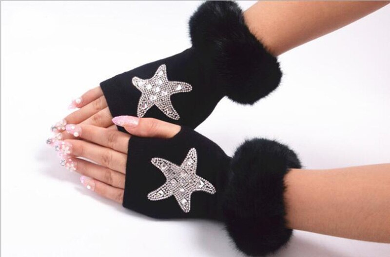Women Cartoon Animals Fox Fingerless Dance Gloves Winter Warm Short Plush Diamonds Sequins Skull Fingerless Knitted Gloves G102