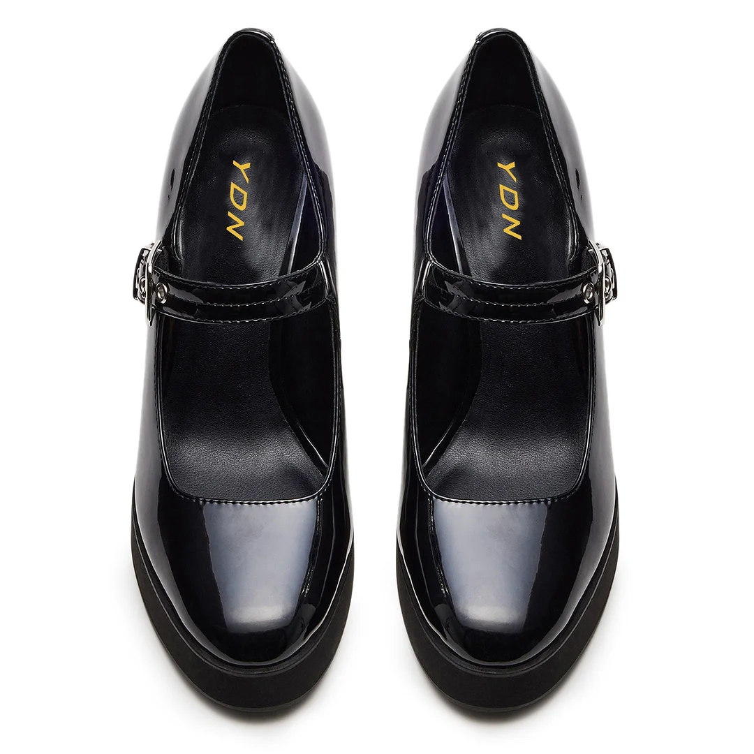 Black Patent Leather Round Toe Buckle Strap Platform Mary Janes