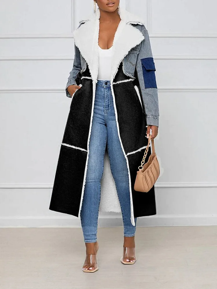 Denim PU Patchwork Lapel Collar Pockets Design Long Coat