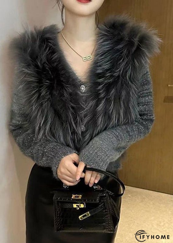 Art Grey V Neck Fur Collar Cotton Knit Sweater Winter | IFYHOME