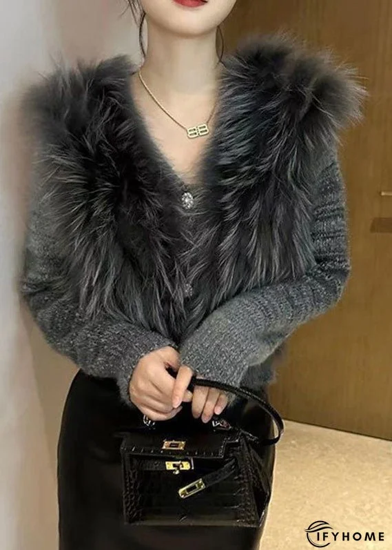 Art Grey V Neck Fur Collar Cotton Knit Sweater Winter | IFYHOME