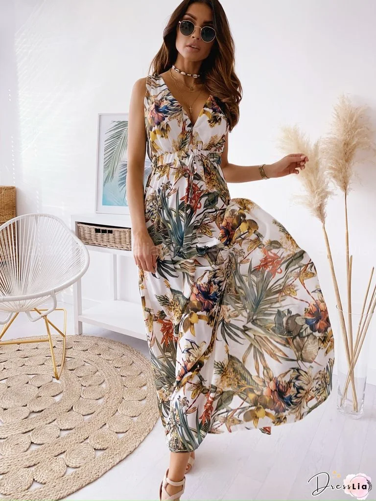 Plant Printed Backless Sexy Dress
