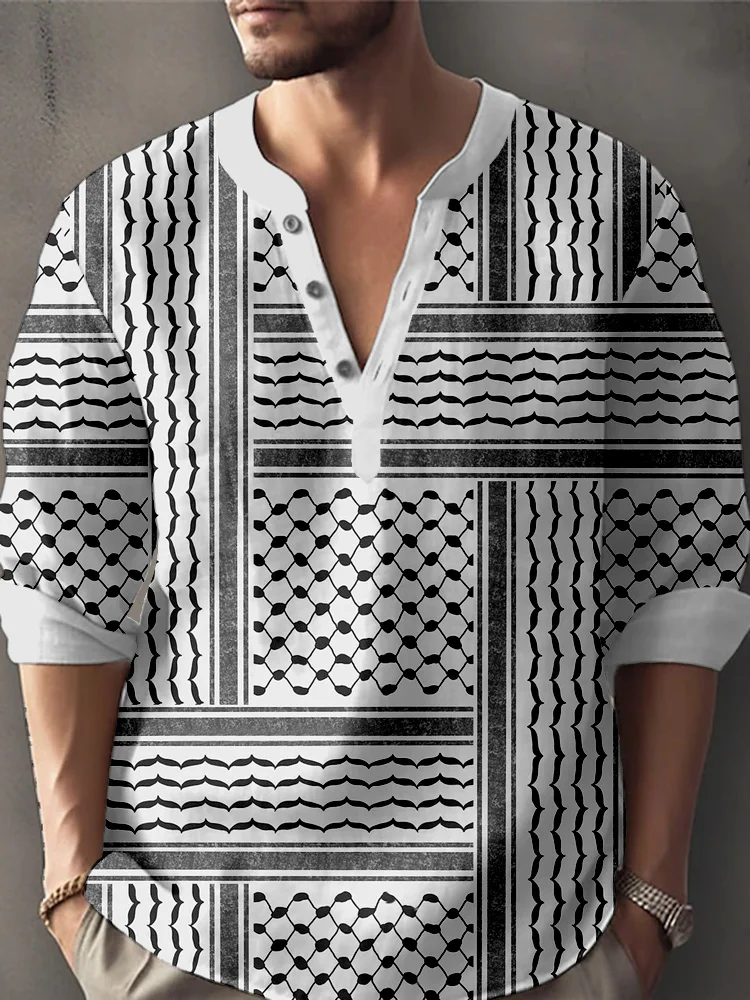 Free Palestine Keffiyeh Inspired Pattern Linen Blend Shirt