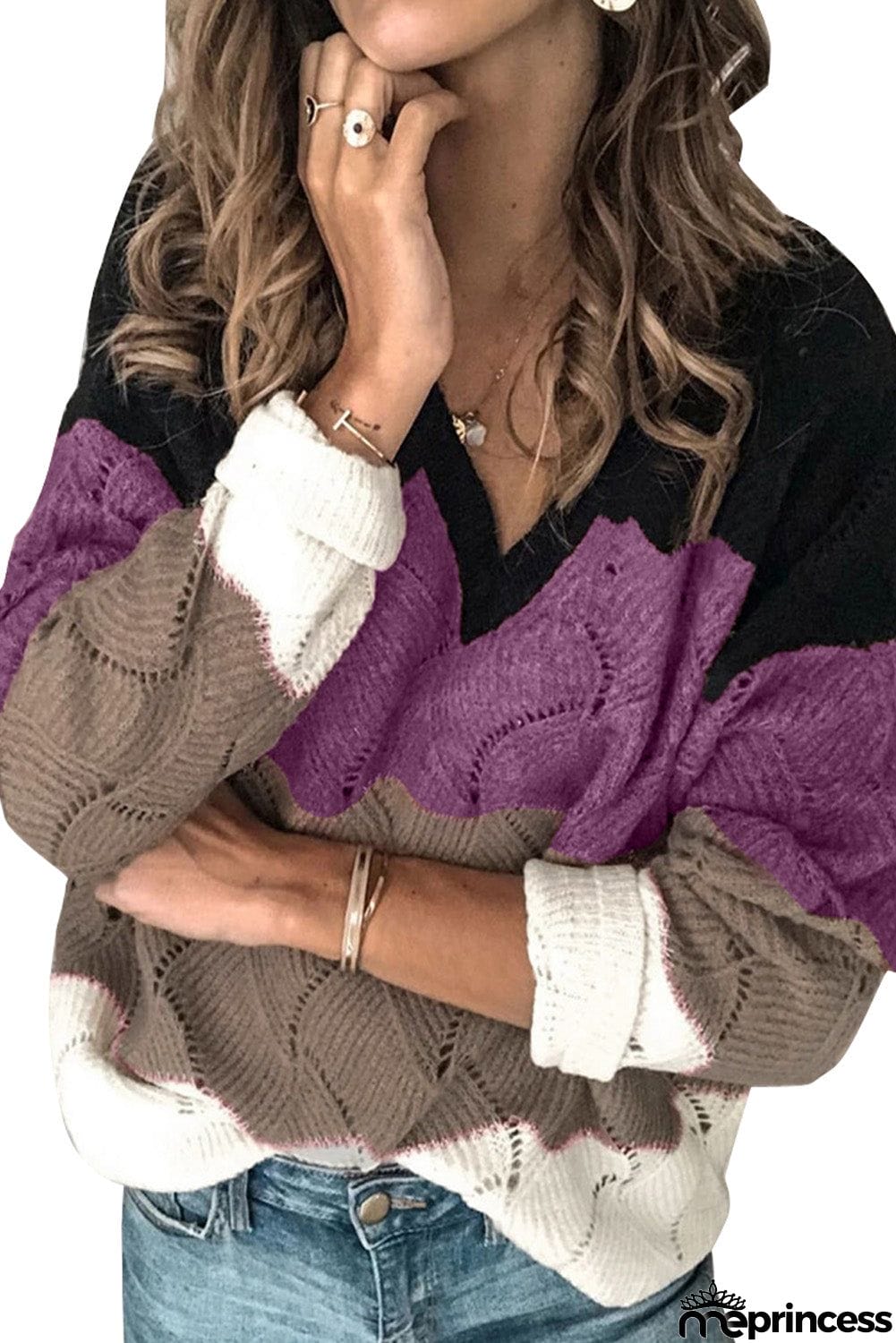 V Neck Colorblock Textured Knit Sweater