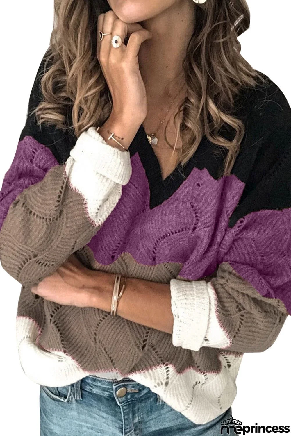 V Neck Colorblock Textured Knit Sweater