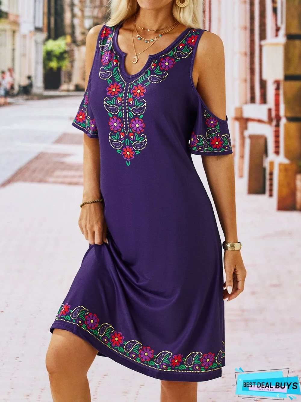 Vacation Tribal Floral Boho Loosen V Neck Short Sleeve Midi Knit Dress