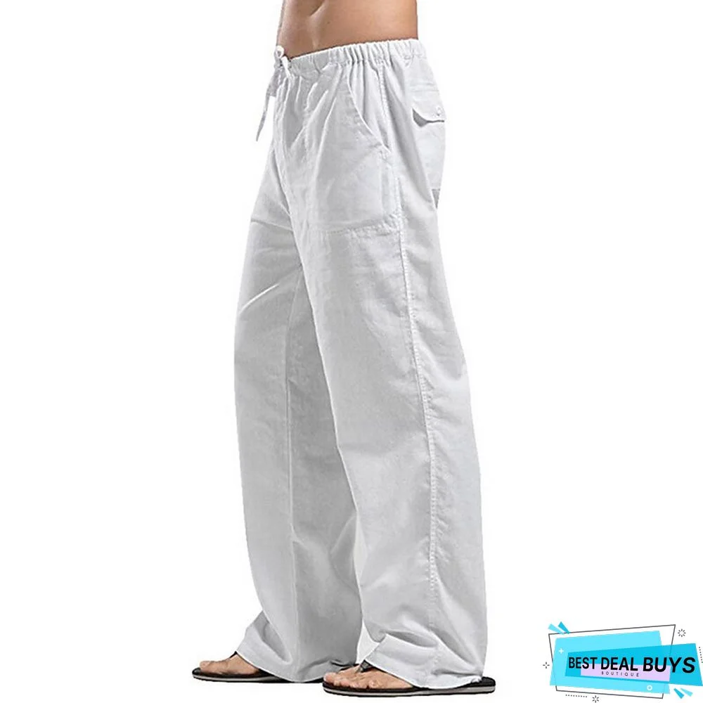 Men's Linen Pants Trousers Summer Pants Beach Pants Wide Leg Plain Breathable Full Length Work Daily Beach Linen / Cotton Blend Fashion Casual Loose Fit Black White