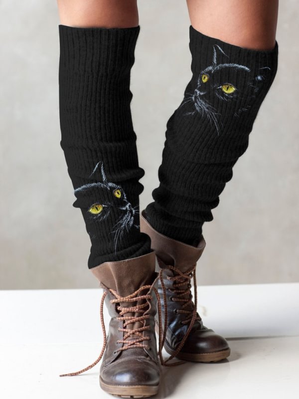 Retro cat print knit boot cuffs leg warmers