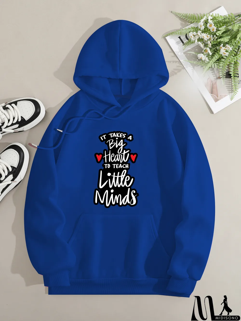 MidiSono - Printed on front Kangaroo Pocket Hoodie Long Sleeve for Women Pattern Big heart to teach