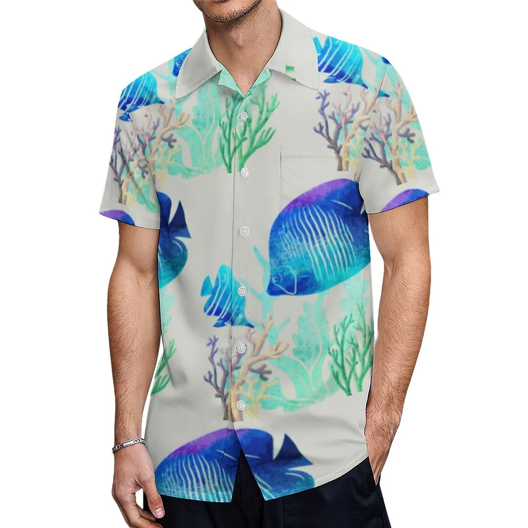 Coral Reef Fish Watercolor Art Marine Life Hawaiian Shirt Mens Button Down Plus Size Tropical Hawaii Beach Shirts