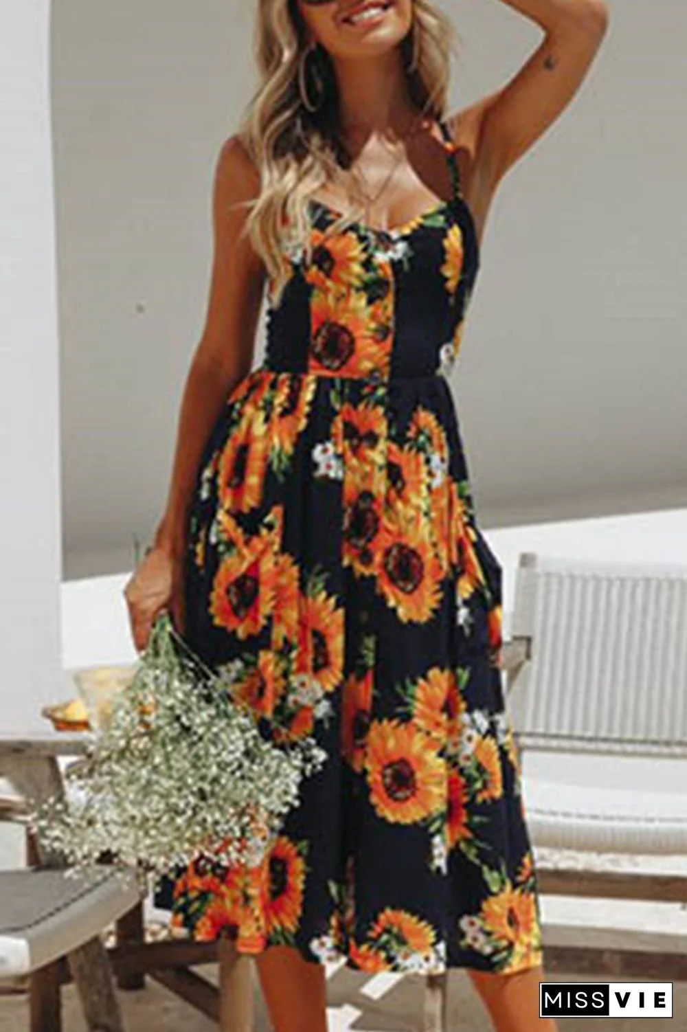 Casual Striped Floral Buckle Spaghetti Strap A Line Dresses