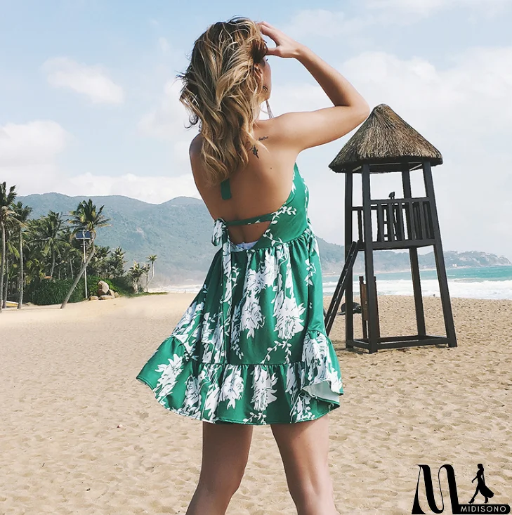MidiSono - Sexy V-Neck Backless Printed Sleeveless Beach Dress