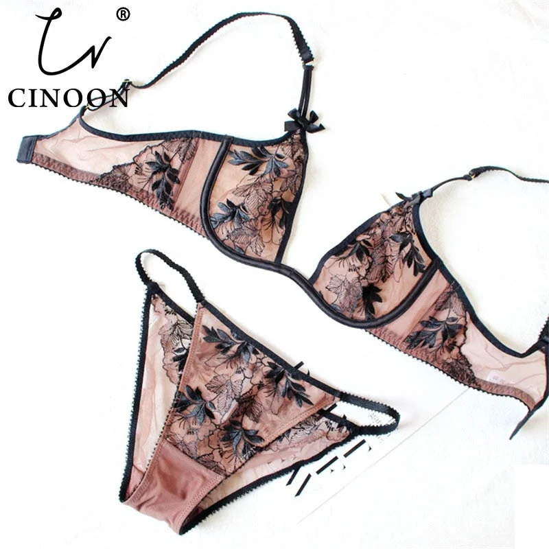 CINOON Ultra-thin underwear set Deep U plunge bra set Push up bralette  Embroidery Sexy Women's Lace  intimate lingerie