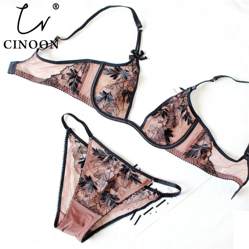 CINOON Ultra-thin underwear set Deep U plunge bra set Push up bralette Embroidery Sexy Women's Lace intimate lingerie