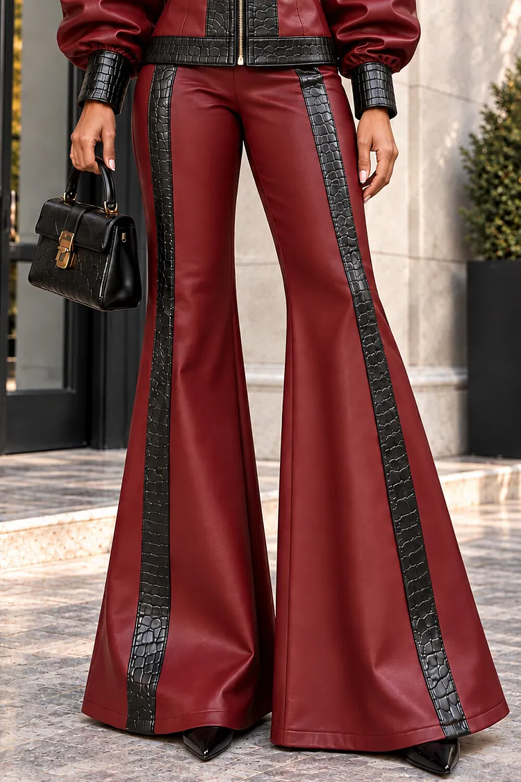 Xpluswear Design Plus Size Business Casual Burgundy Patchwork Contrast Pocket PU Leather Pants [Pre-Order] 2024 - Xpluswear
