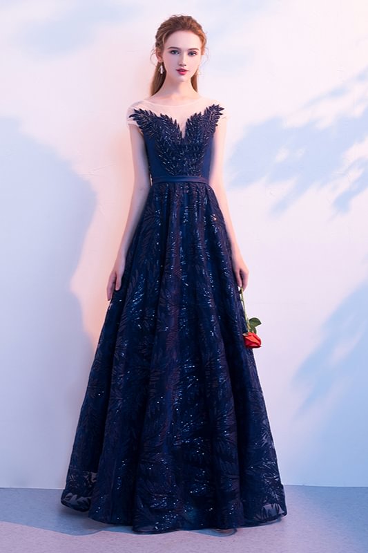 Glamorous Red Navy Blue Long Prom Dress Leaf Pattern Sequins Evening Gowns