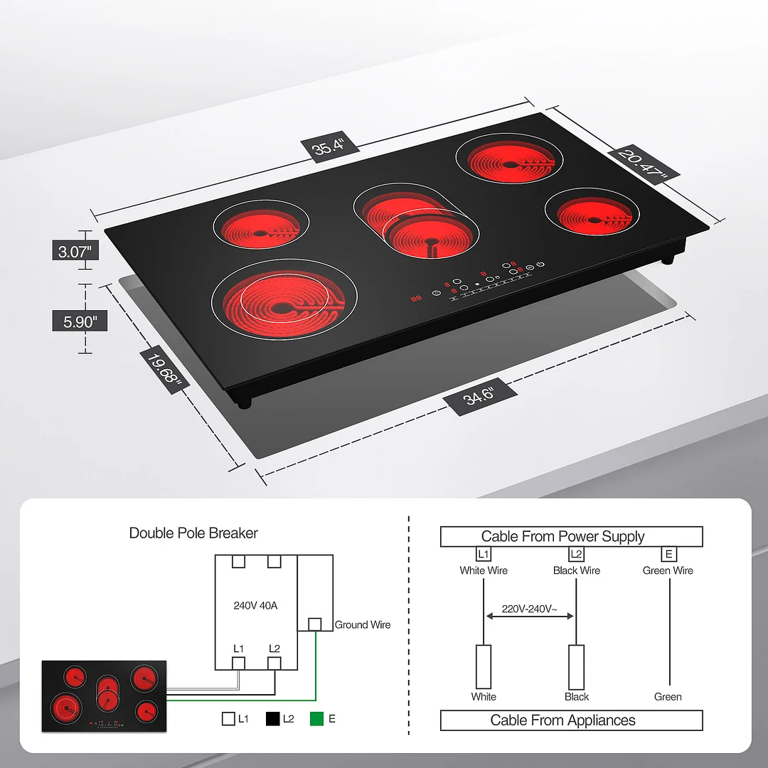 Vbgk Electric Cooktop 36 inch,Electric Stove Burner,Built-in and Countertop Electric Stove Top, LED Touch Screen,9 Heating Level, Timer & Kid Safety
