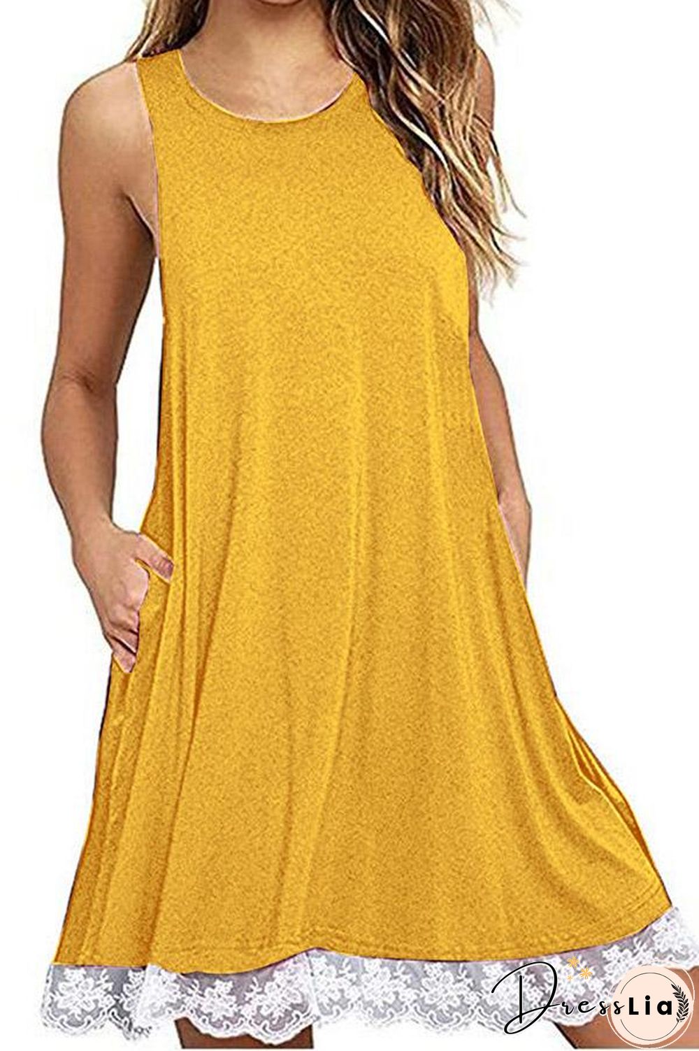 Solid Color Sleeveless Lace Dress