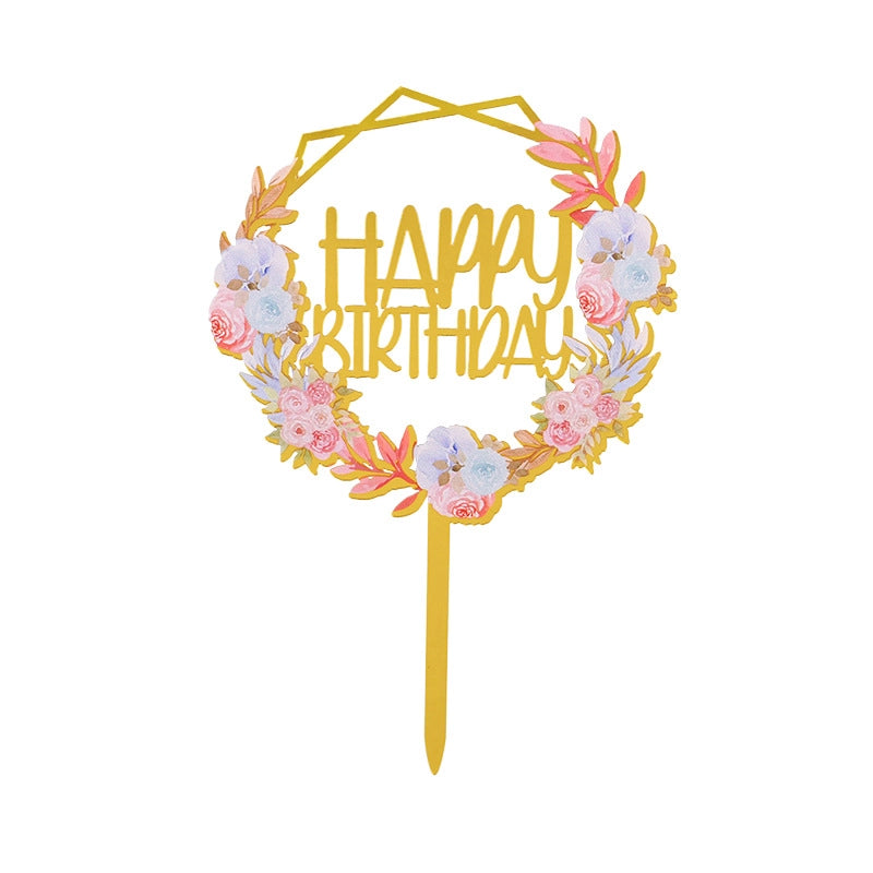 Acrylic Cake Topper Ins Style Floral Uv Color Printing Happy Birthday Dessert Decoration Plugin