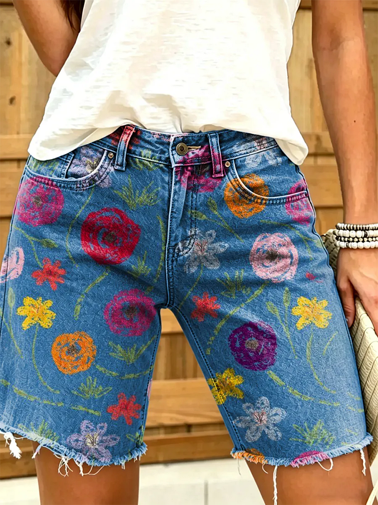 Women's Vintage-Style Floral Art Print Frayed Denim Bermuda Shorts