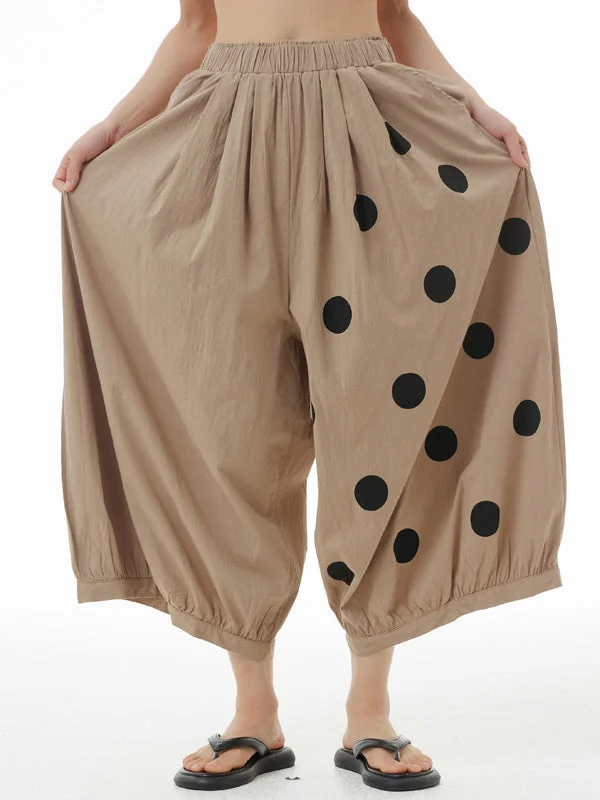 Casual Elasticity Khaki Asymmetric Polka-Dot Loose Ninth Cropped Pants 