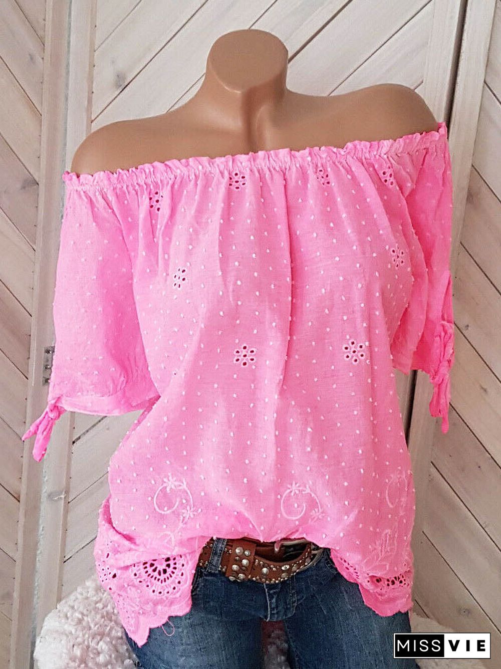 Women Short Sleeve Scoop Neck Printed Polka Dot Top
