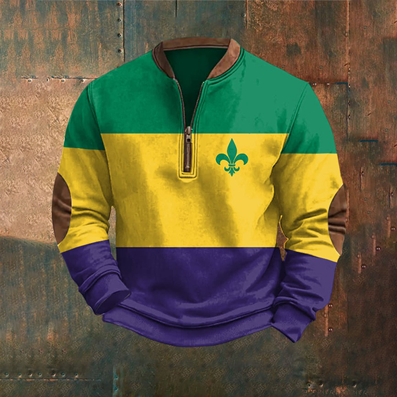 Comstylish Vintage Shrove Tuesday Mardi Gras Print Zip-Up Sweatshirt