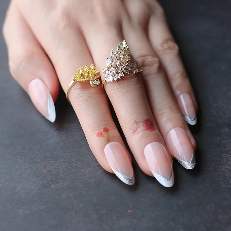 Almond Fake nails nude Glitter V french New design Medium length Natural False nails Classic