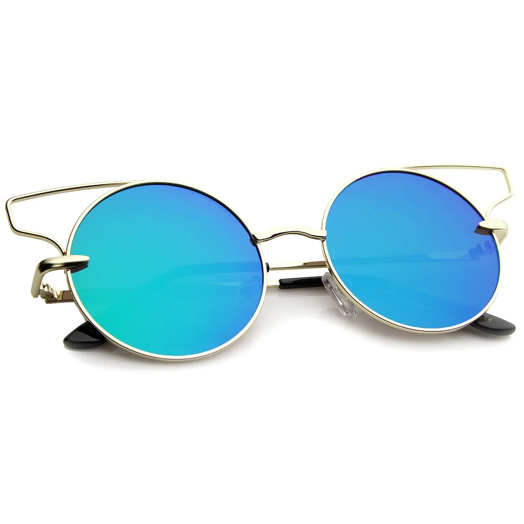 Women's Wire Open Metal Frame Color Mirror Flat Lens Round Cat Eye glasses 52mm