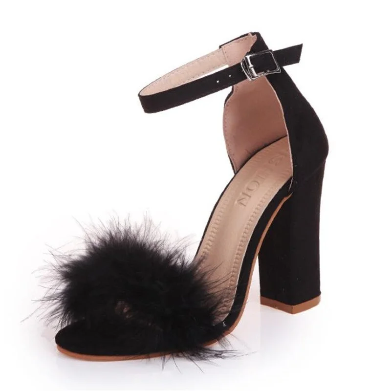 Qengg Women Pumps T-stage Fur Buckle Strap Platform Open Toe Dancing High Heel Sandals Sexy Party Wedding Shoes Black mujer s01