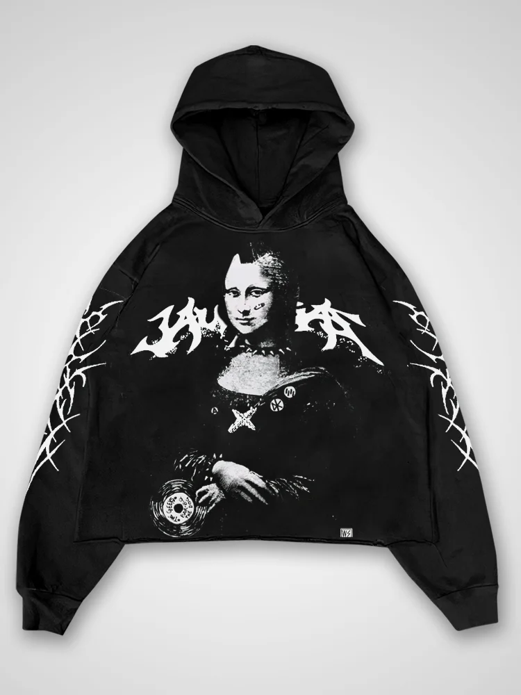 Mock Mona Lisa Black Metal Patterned Hooded Sweatshirt