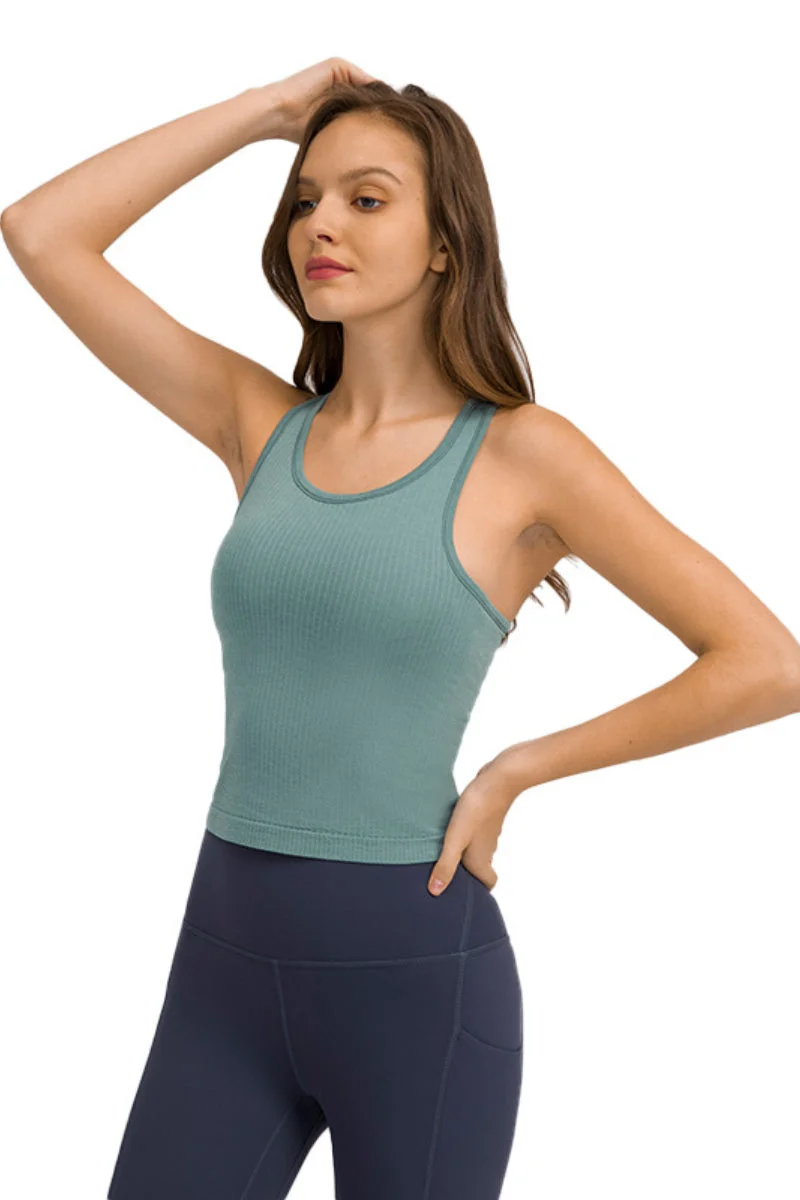 Solid Blue Scoop Neck Breathable Yoga Top
