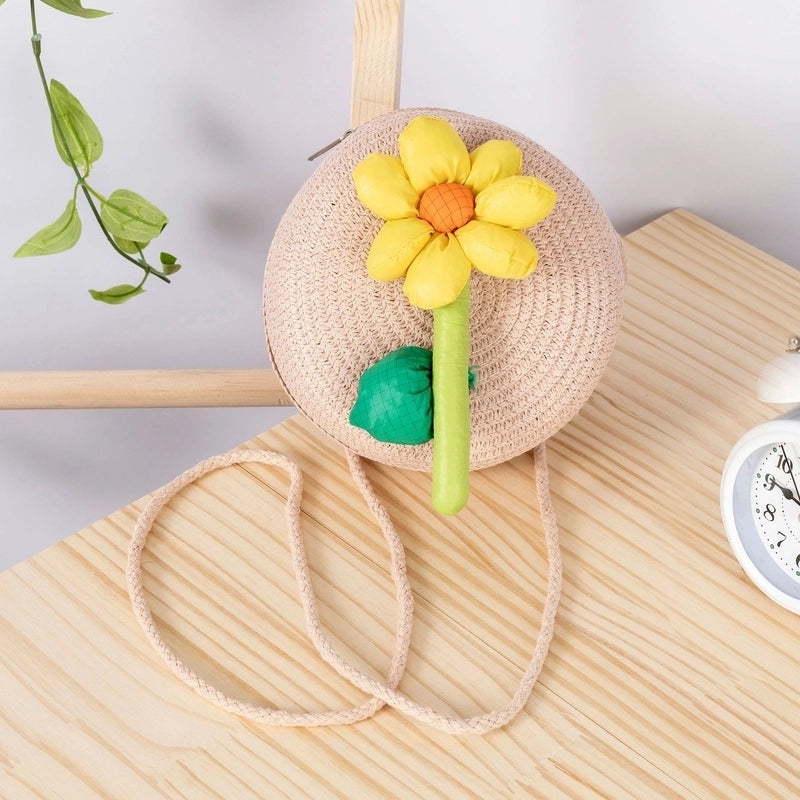 Girl’s Small Straw Flower Bow Knot Cute Round Zipper Crossbody Bag
