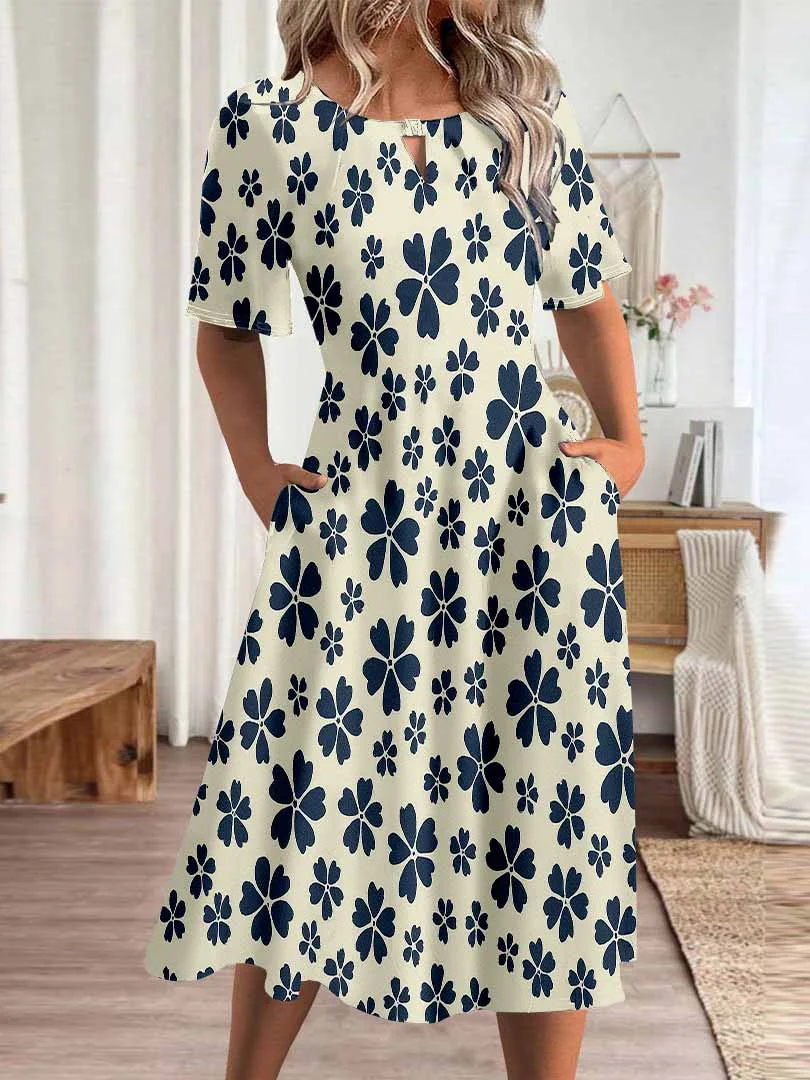 Women Floral,Blue DZHA8073 Short Sleeve Scoop Neck Graphic Printed Hollow Midi Dress