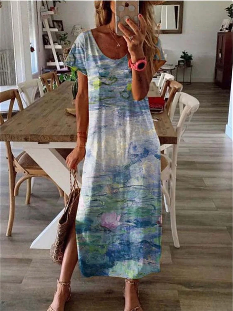 Water Lily Painting Side Slit Maxi Dress
