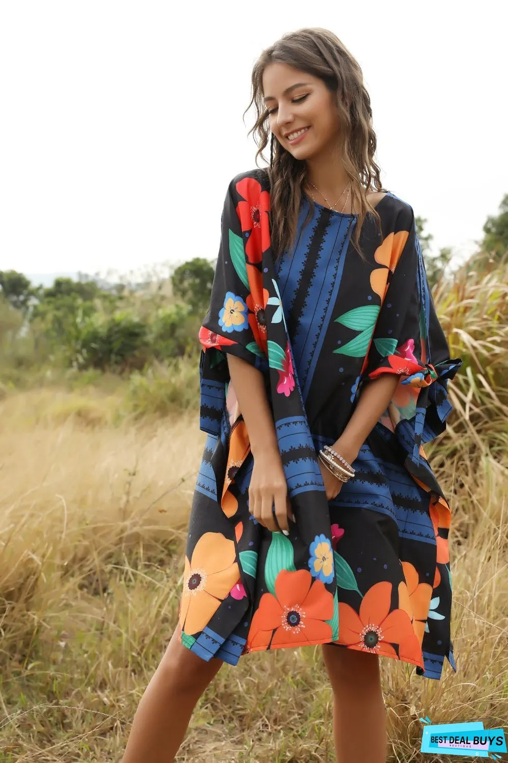 Fashion Fluffy Loose Dress Round Neck Bat Sleeve Women's Dress