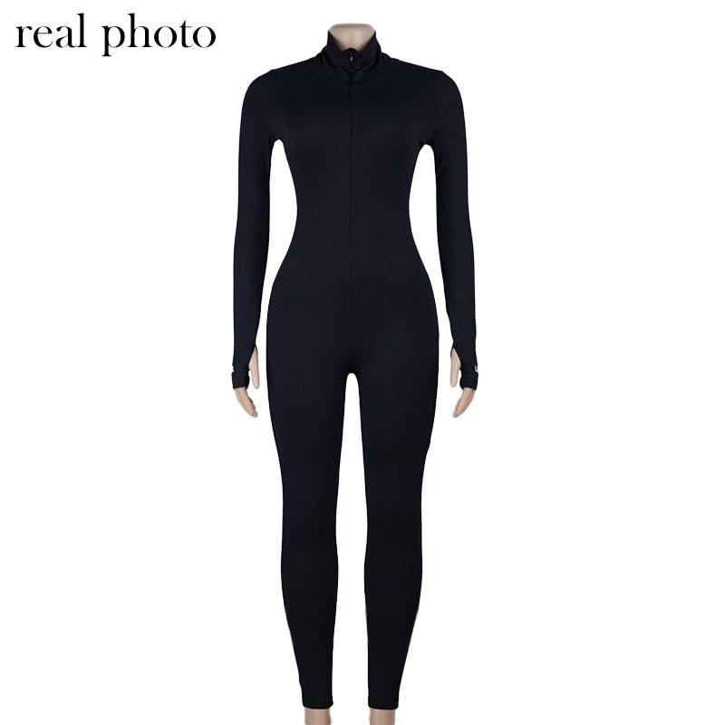 Workout Active Wear Ribbed Rompers Womens Jumpsuit Sporty Long Sleeve Fitness Embroidery Letter Print Zipper Jumpsuits