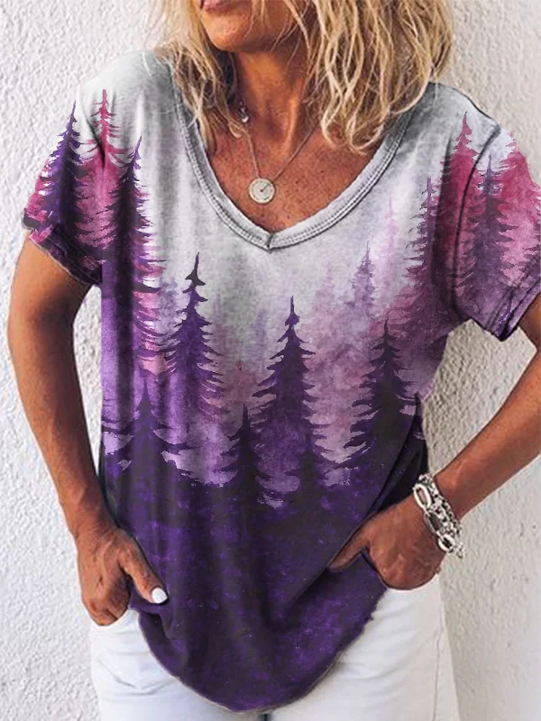 Forest Watercolor Art V Neck T Shirt