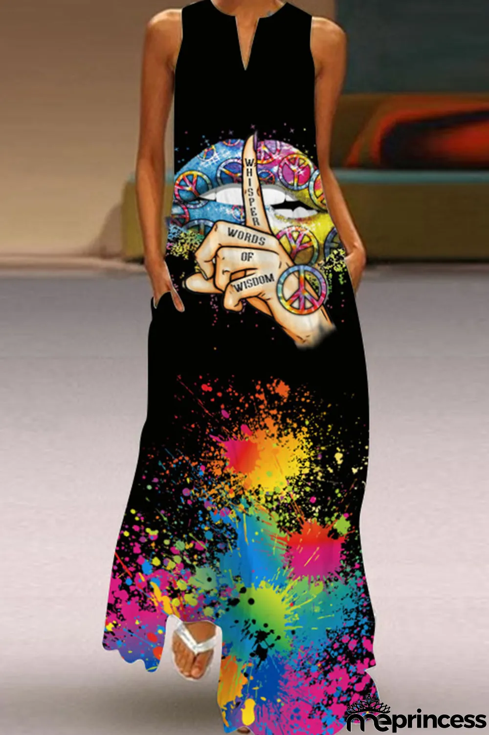 Black Casual Print Split Joint V Neck Printed Dress Dresses