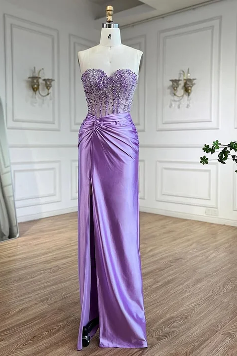 Daisda Purple Sleeveless Strapless Beads Mermaid Prom Dress